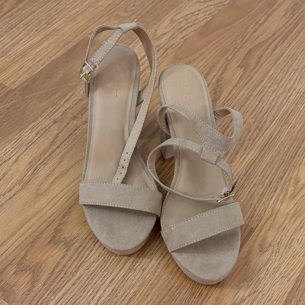 LOFT Taupe Suede Strappy Block Heel Sandals